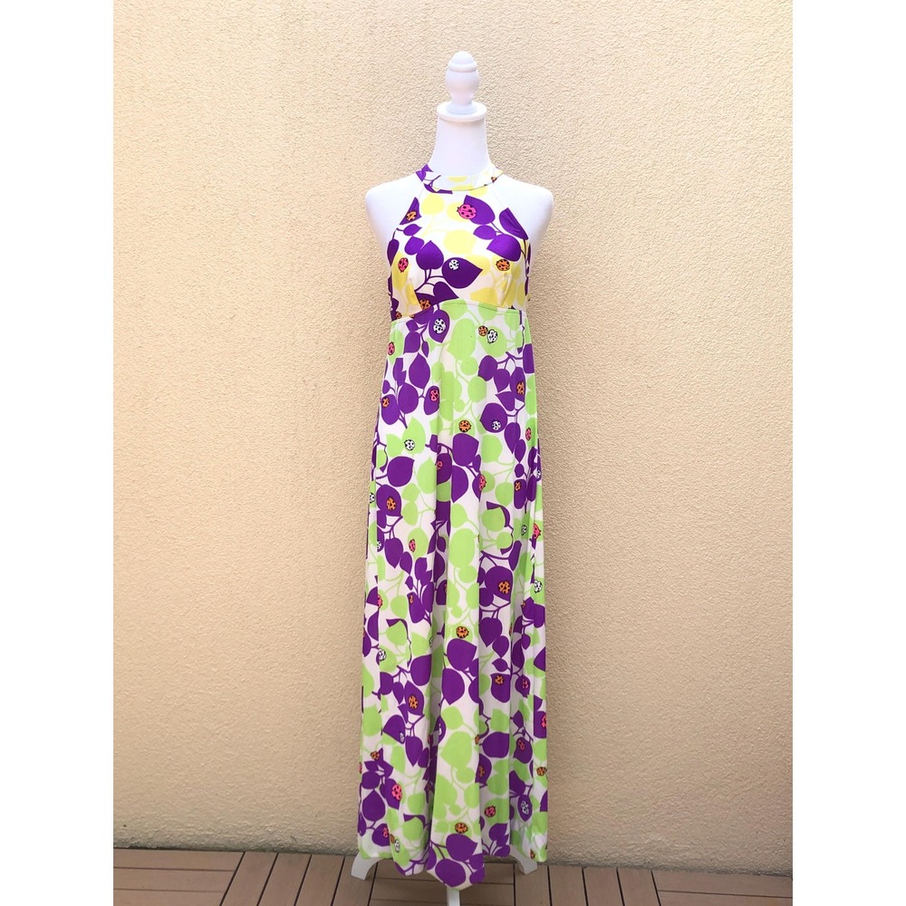 1970 Hawaiian Kamehameha Sleeveless purple and green ladybug long Dress